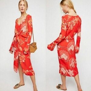 FREE PEOPLE Floral Print Orange/White BOHO Button/Tie Front Midi Dress M